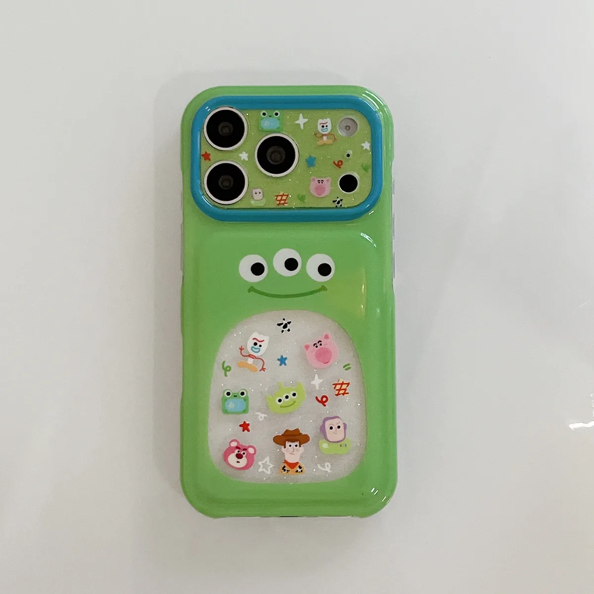 Green Alien 3-Eyes Glitter Bubble Phone Case for iPhone 17 16 15 Pro Max