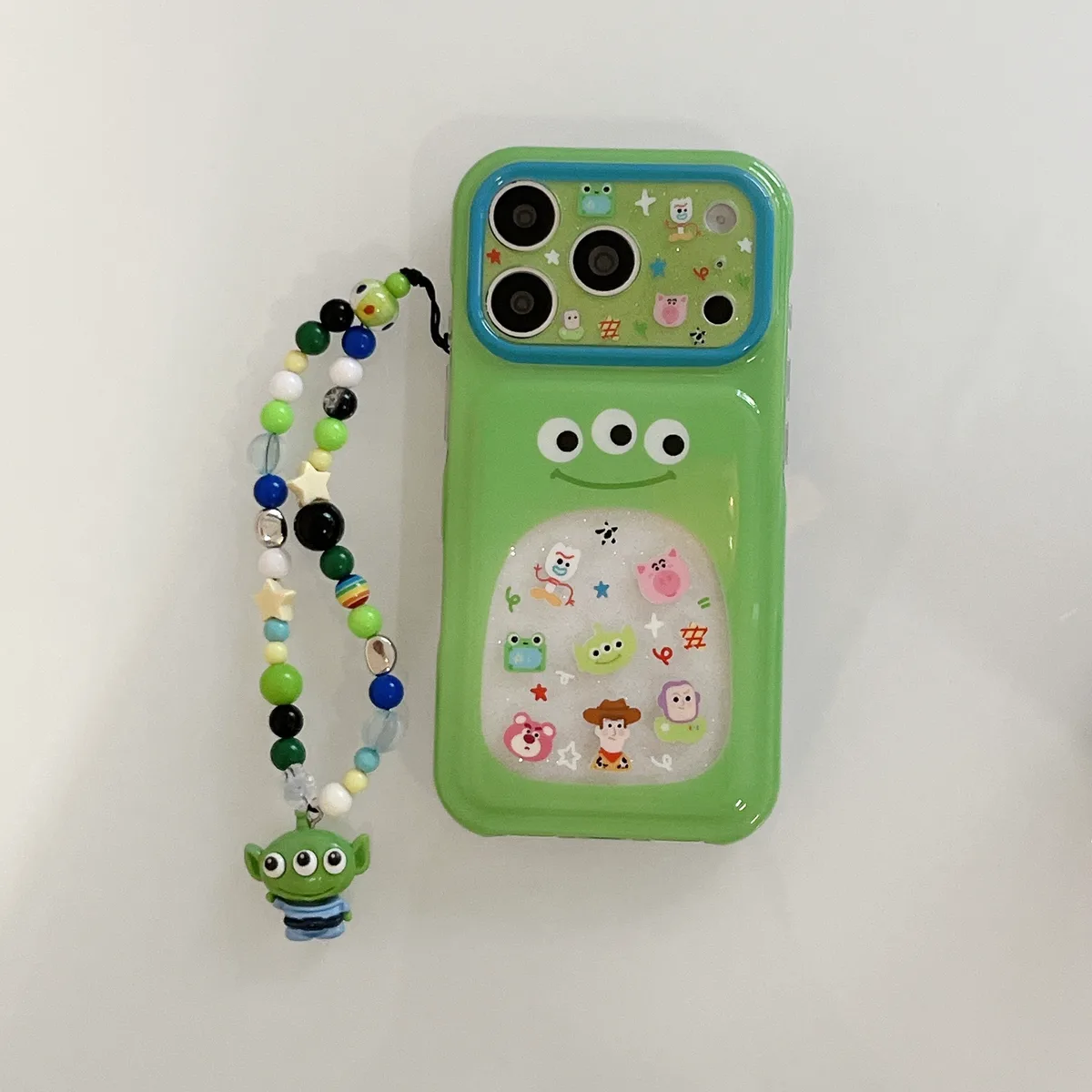 Green Alien 3-Eyes Glitter Bubble Phone Case for iPhone 17 16 15 Pro Max