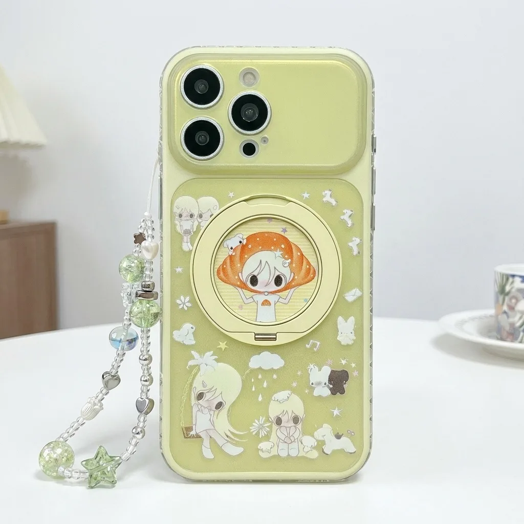 Pastel green phone case with anime character art, a circular ring stand, and a beaded charm strap