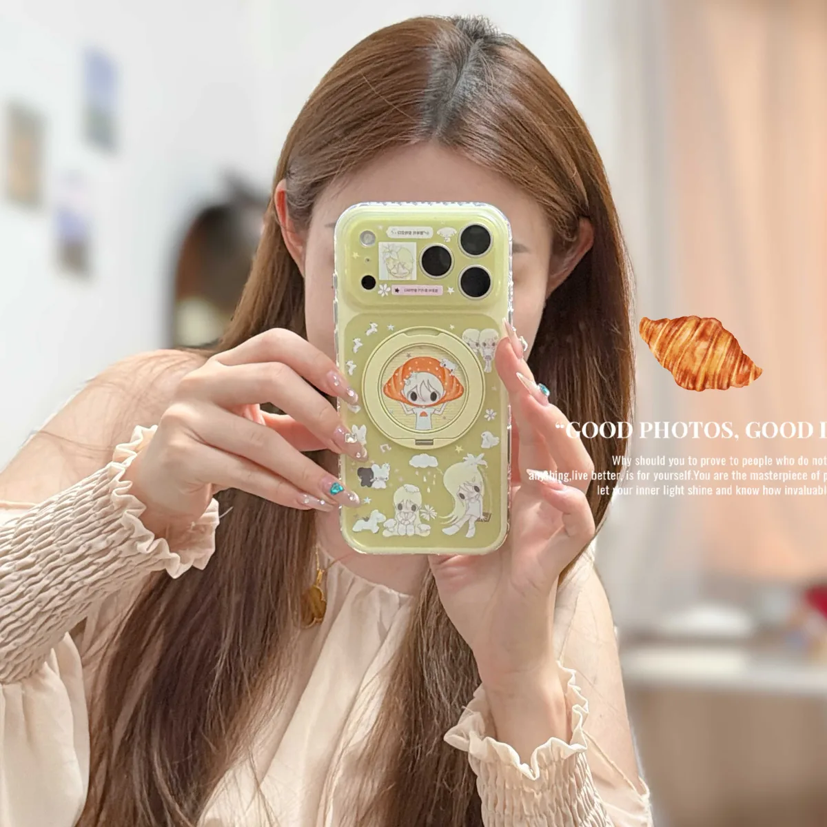 Cute green anime character phone case with ring stand and charm strap for iPhone 17 16 15 Pro Max — MagSafe