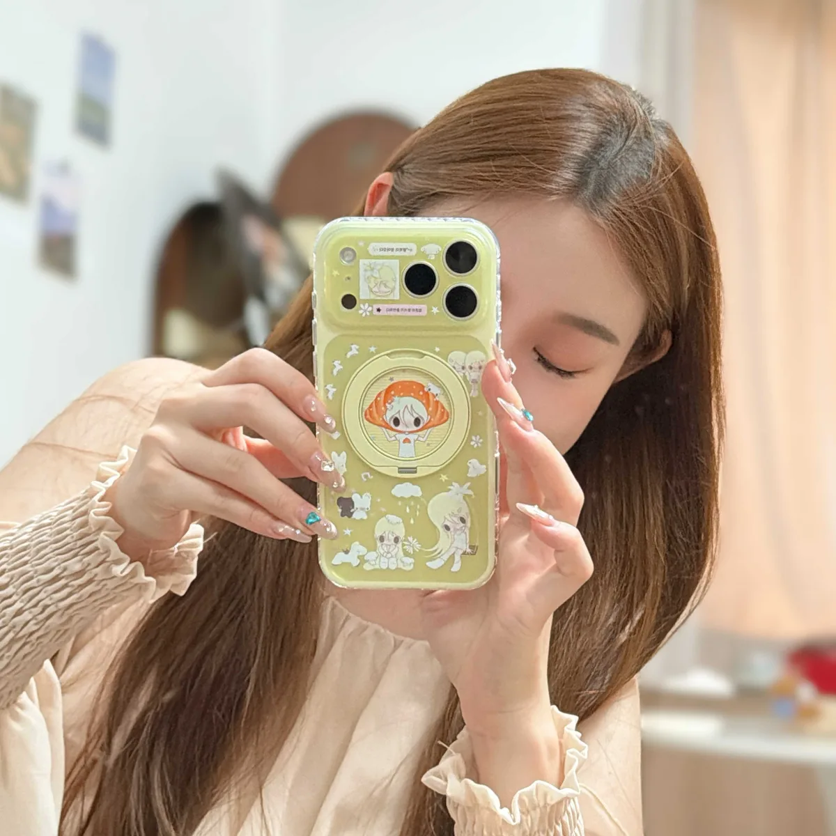 Cute green anime character phone case with ring stand and charm strap for iPhone 17 16 15 Pro Max — MagSafe