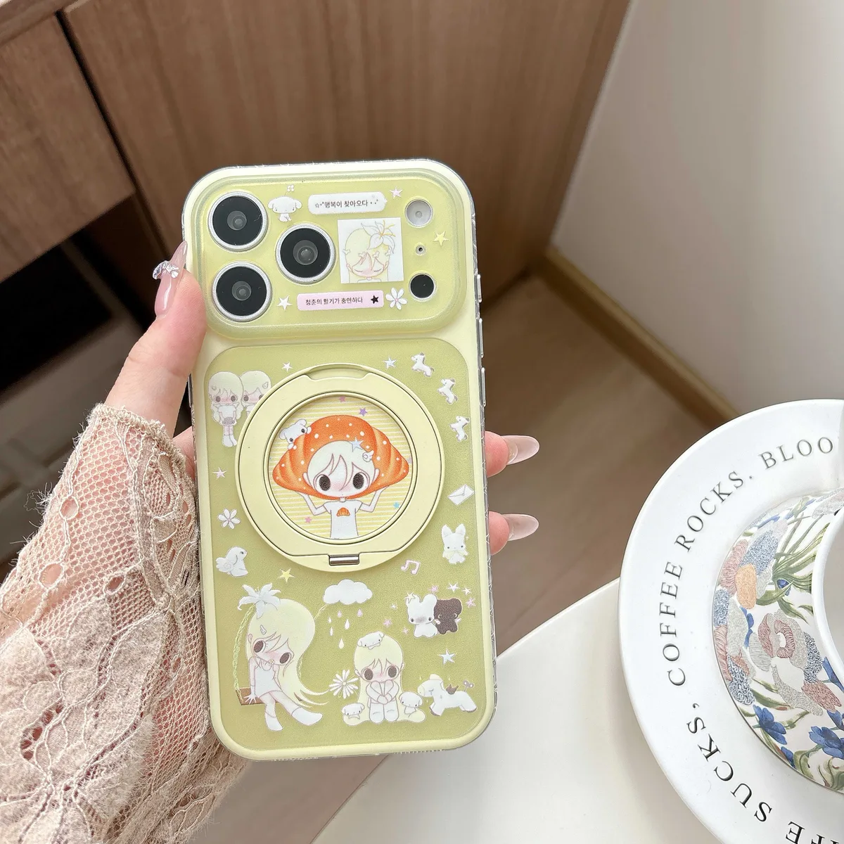 Cute green anime character phone case with ring stand and charm strap for iPhone 17 16 15 Pro Max — MagSafe