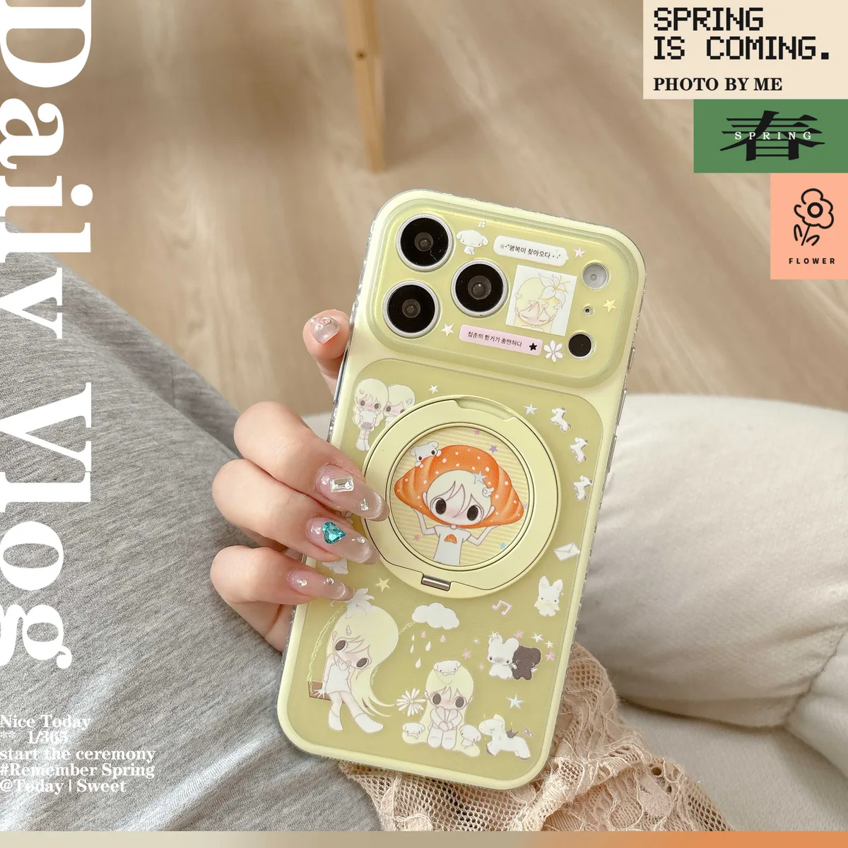 Cute green anime character phone case with ring stand and charm strap for iPhone 17 16 15 Pro Max — MagSafe