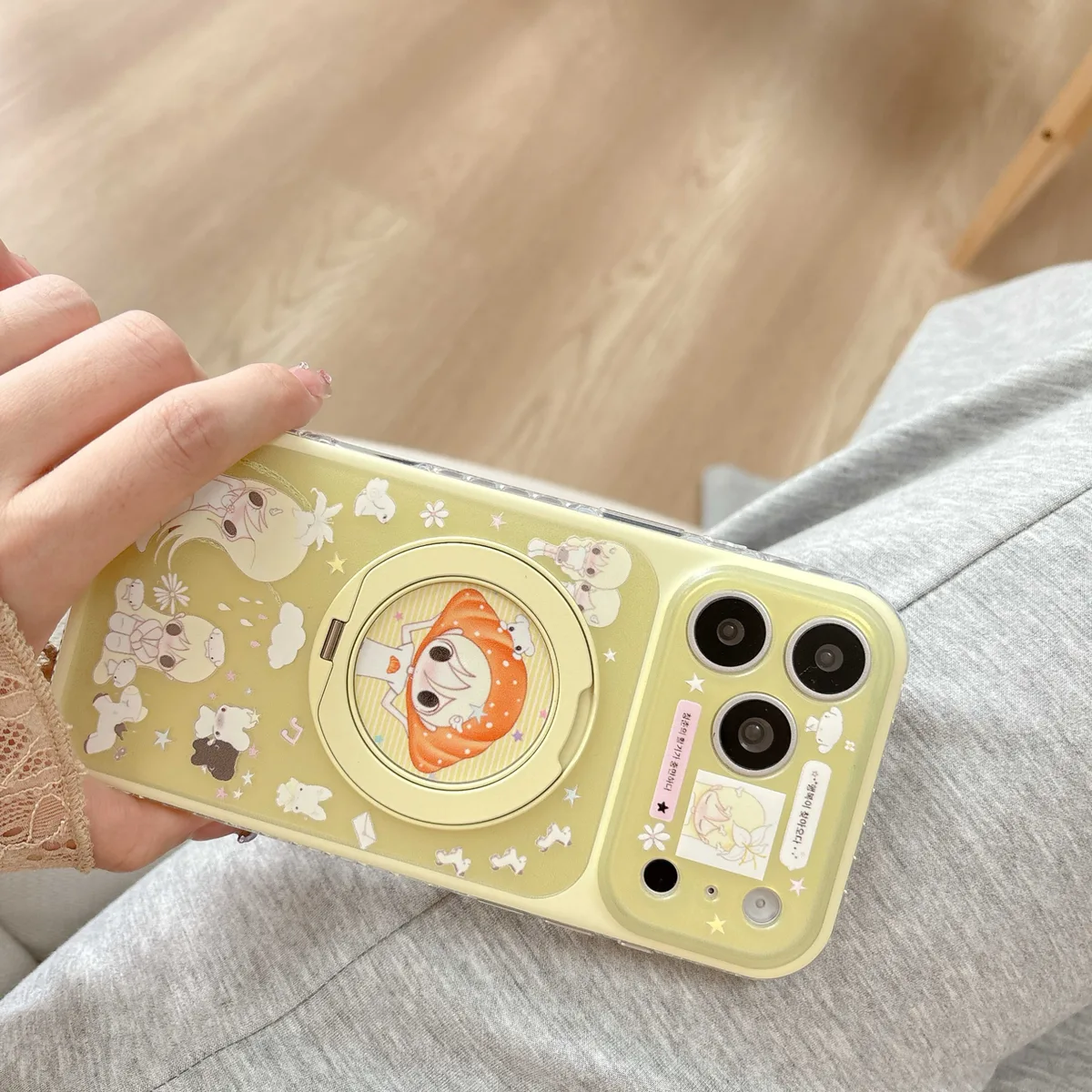 Cute green anime character phone case with ring stand and charm strap for iPhone 17 16 15 Pro Max — MagSafe