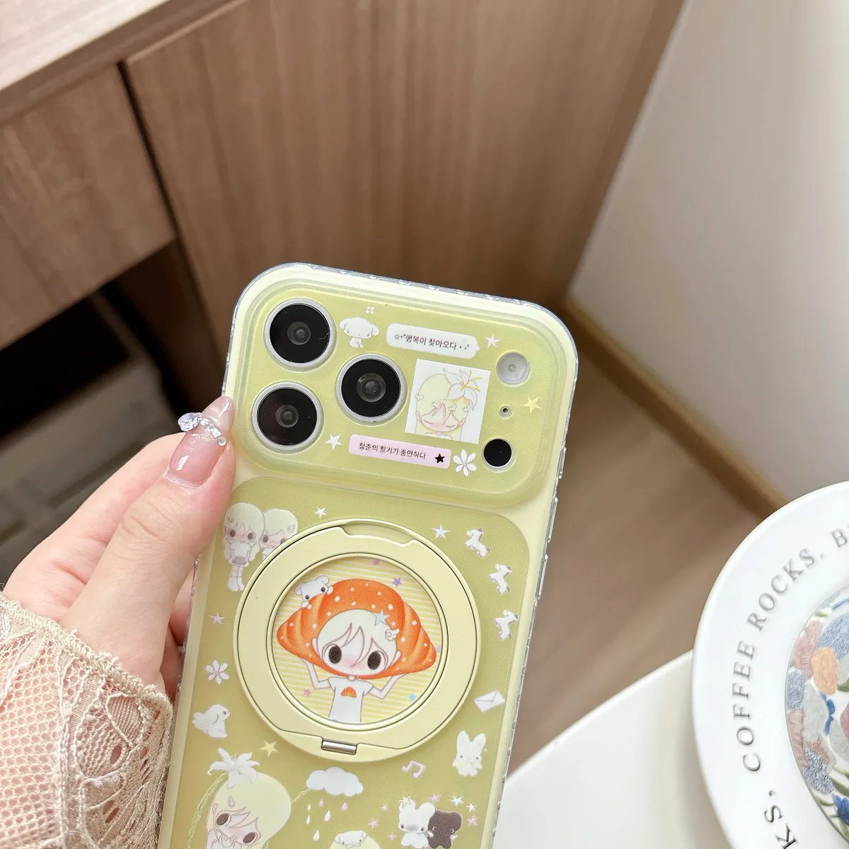Cute green anime character phone case with ring stand and charm strap for iPhone 17 16 15 Pro Max — MagSafe
