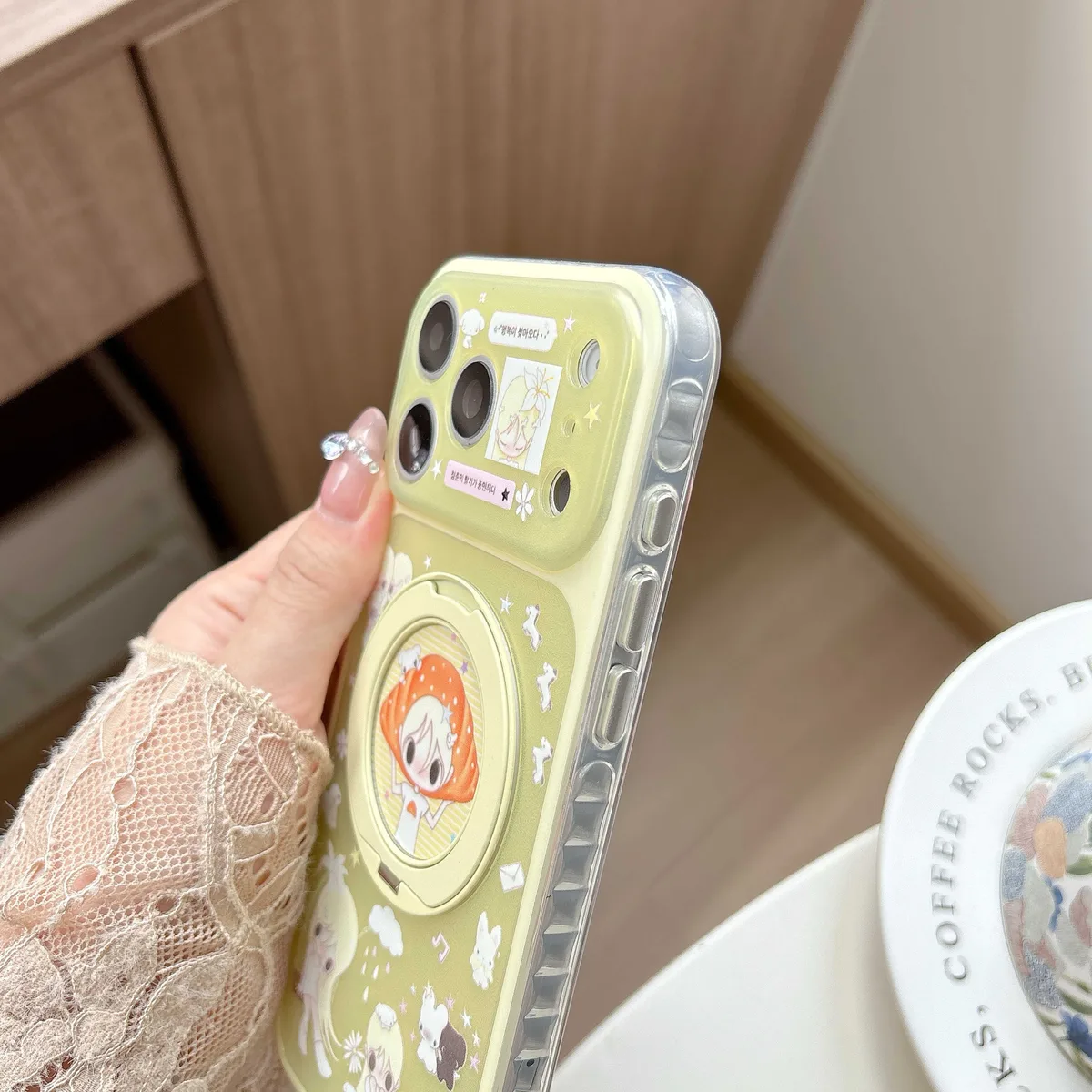 Cute green anime character phone case with ring stand and charm strap for iPhone 17 16 15 Pro Max — MagSafe