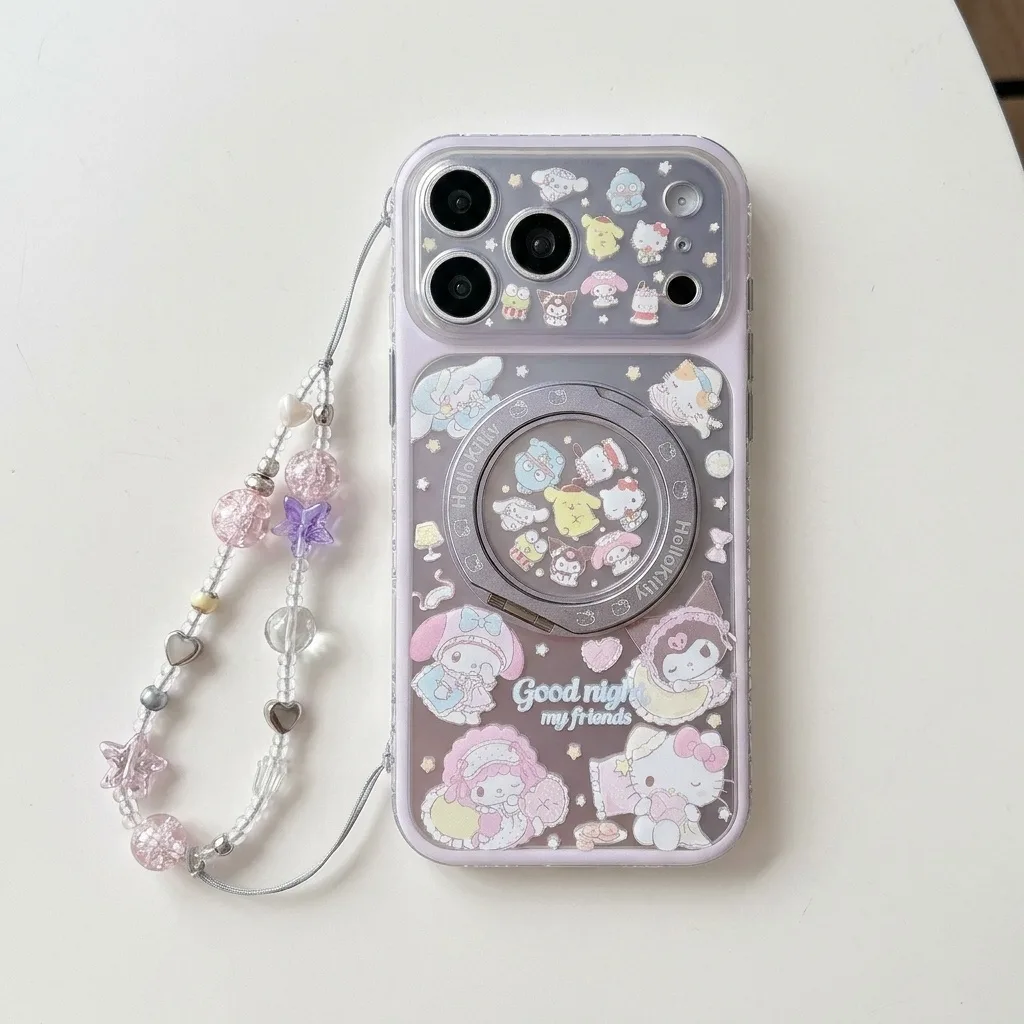 Clear pastel Hello Kitty phone case with a beaded charm strap and circular magnetic ring