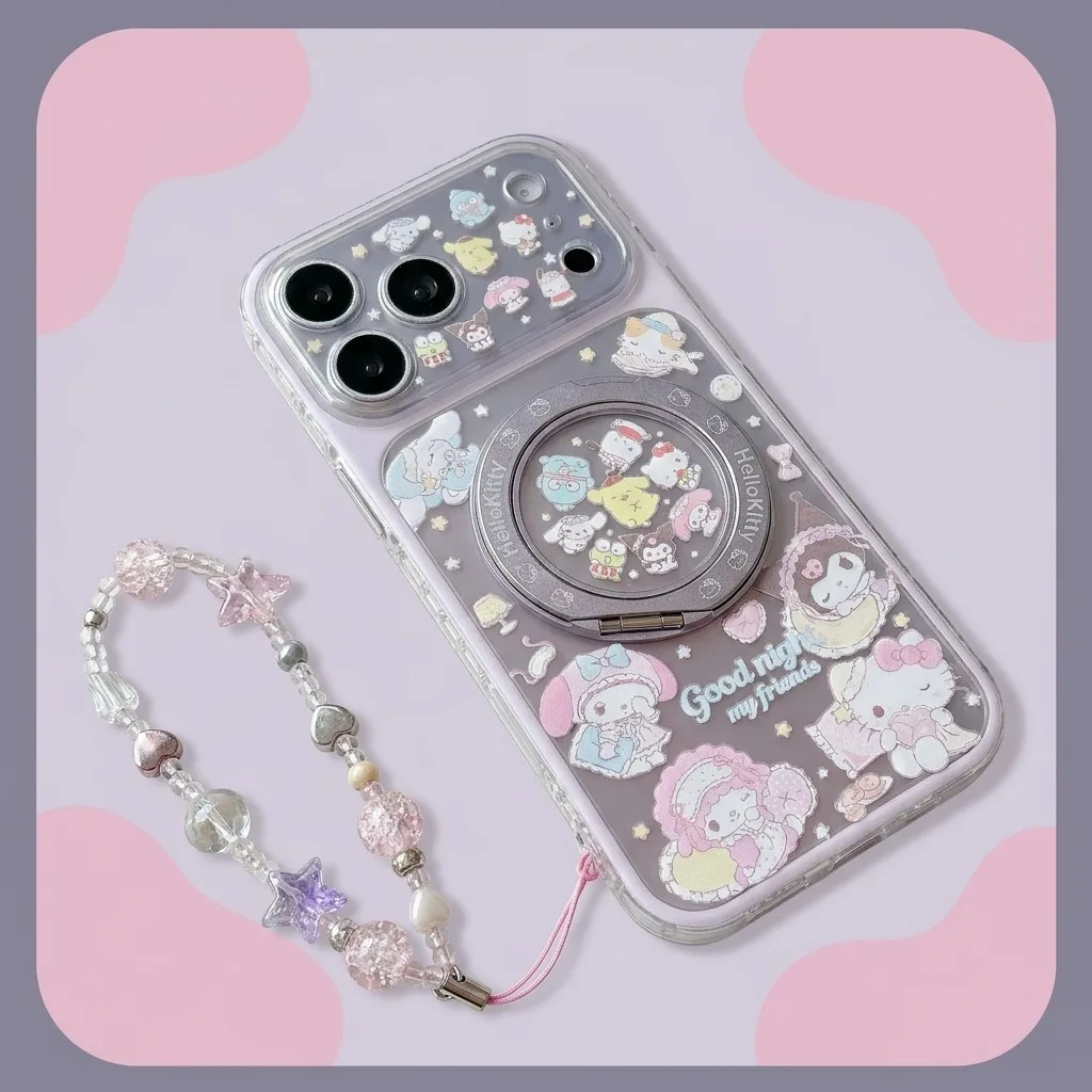 Hello Kitty Sanrio pastel clear phone case with beaded charm strap for iPhone 17 16 15 Pro Max — MagSafe