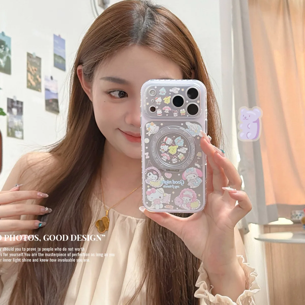 Hello Kitty Sanrio pastel clear phone case with beaded charm strap for iPhone 17 16 15 Pro Max — MagSafe
