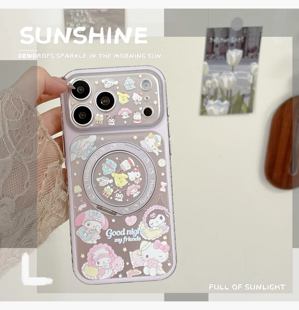 Hello Kitty Sanrio pastel clear phone case with beaded charm strap for iPhone 17 16 15 Pro Max — MagSafe