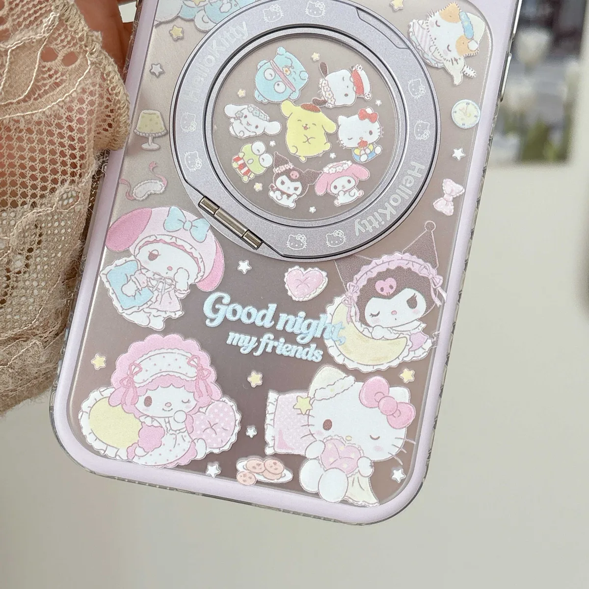 Hello Kitty Sanrio pastel clear phone case with beaded charm strap for iPhone 17 16 15 Pro Max — MagSafe