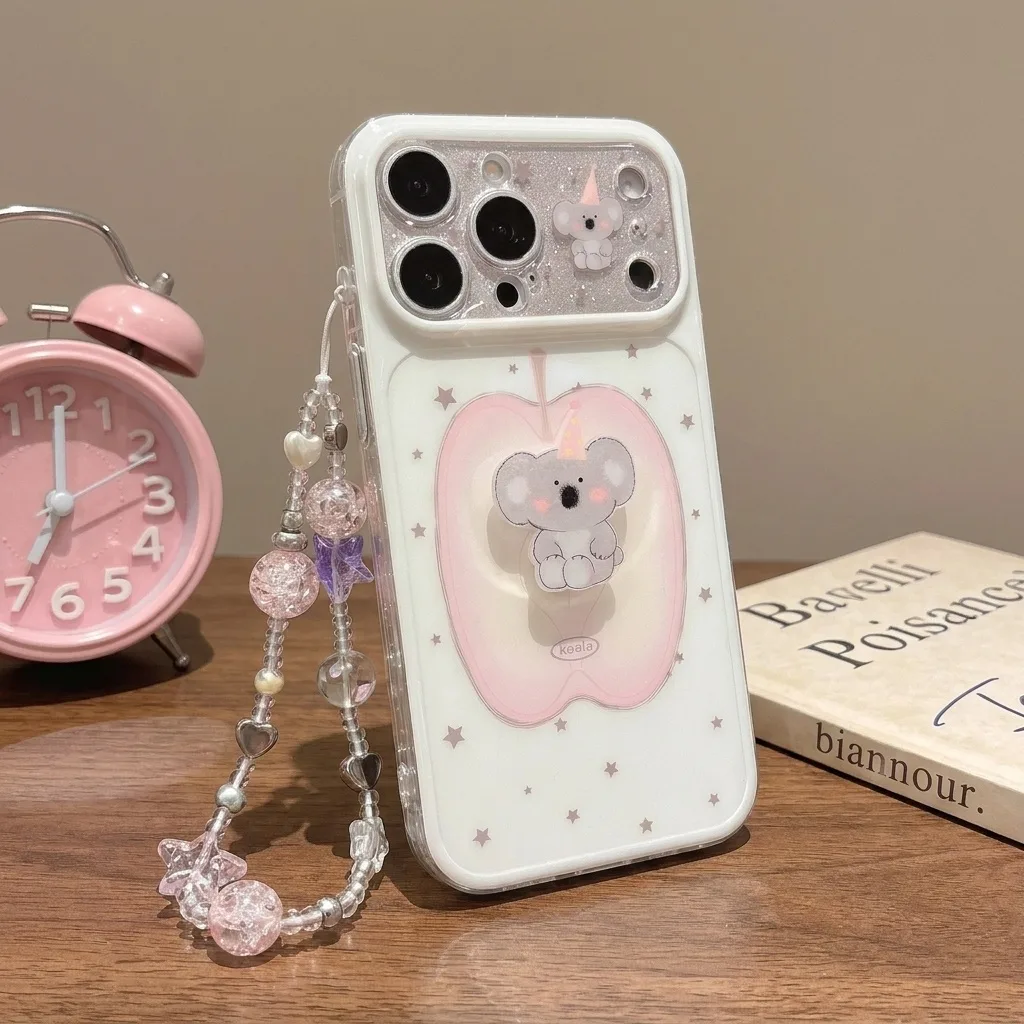 Cute Koala Glitter Phone Case with Beaded Charm Strap for iPhone 17 16 15 Pro Max