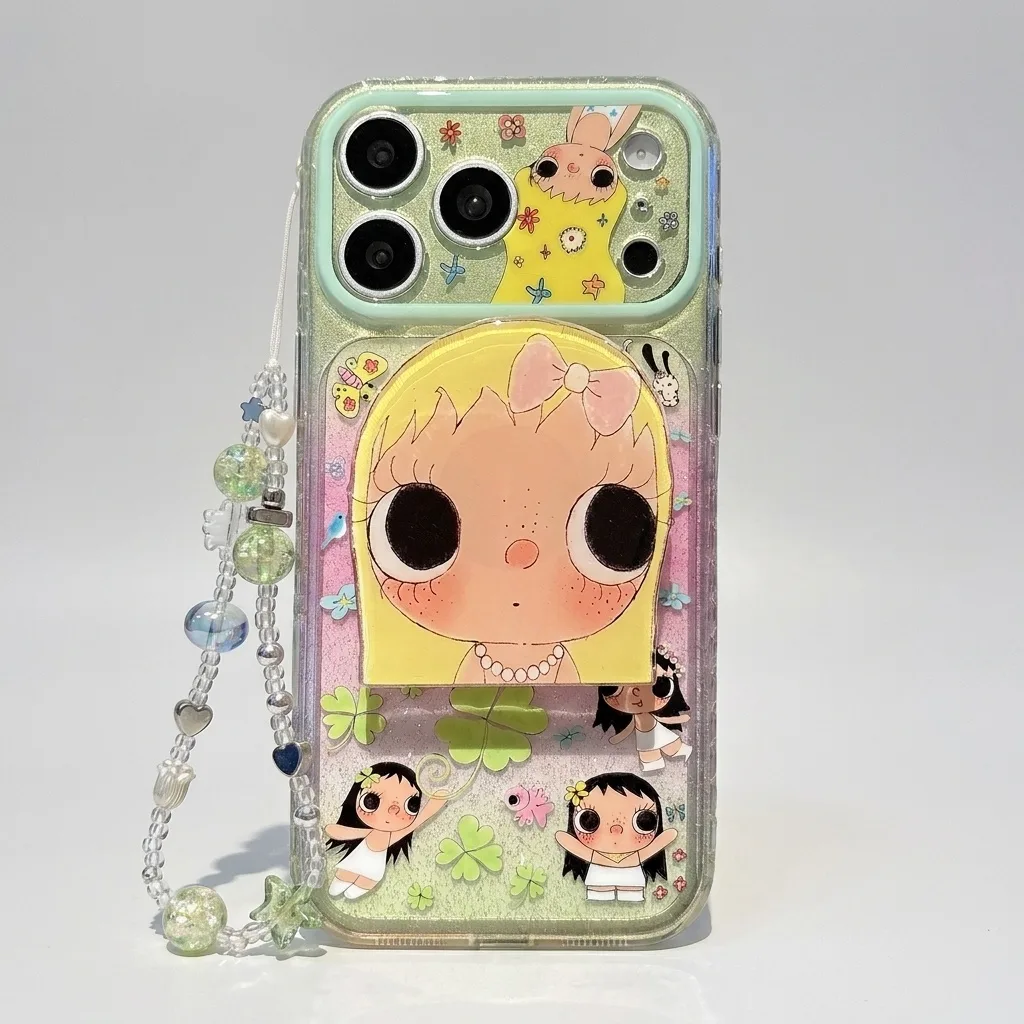 Clear glitter phone case with a large doll illustration and a beaded charm strap