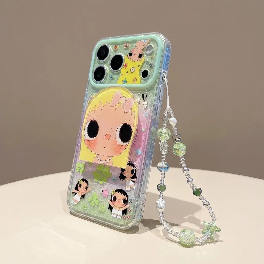 Cute glitter phone case with doll art and beaded charm strap for iPhone 17 16 15 Pro Max