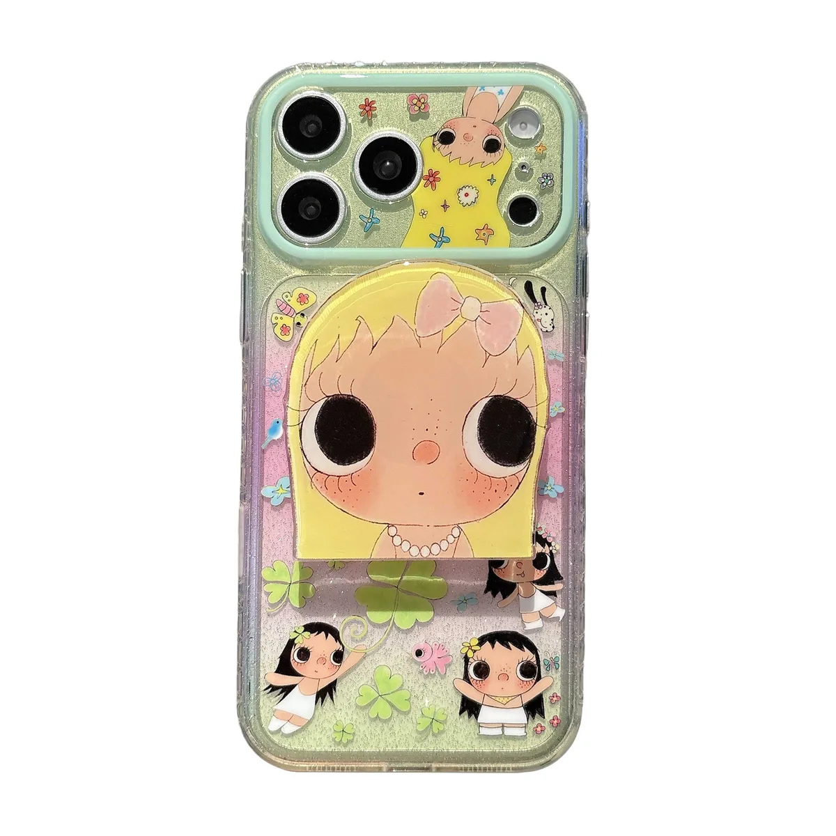 Cute glitter phone case with doll art and beaded charm strap for iPhone 17 16 15 Pro Max