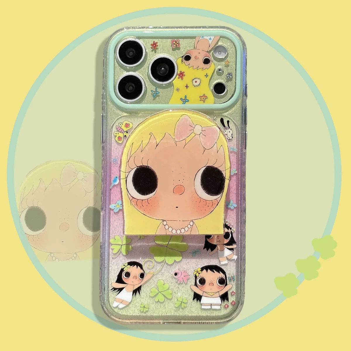 Cute glitter phone case with doll art and beaded charm strap for iPhone 17 16 15 Pro Max