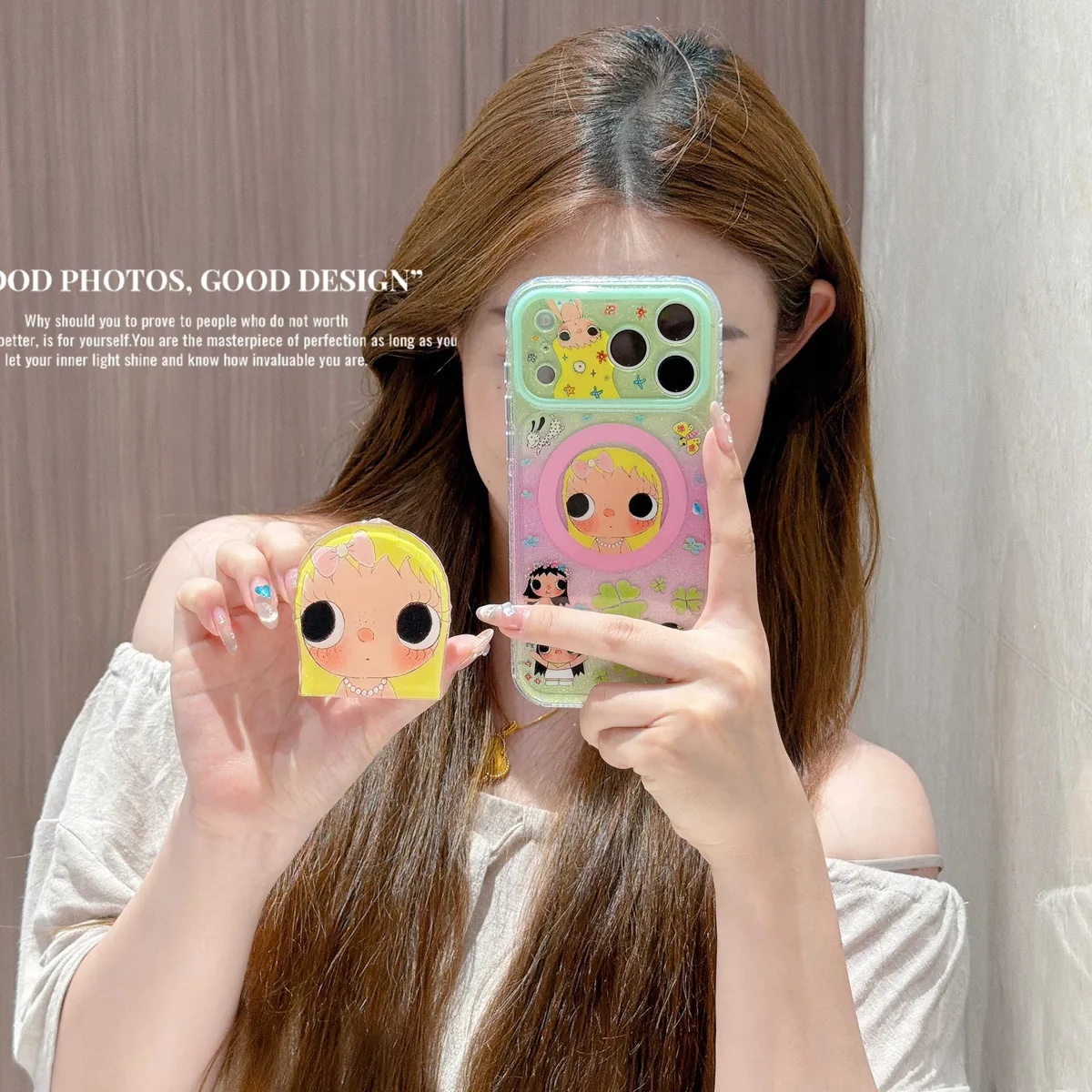 Cute glitter phone case with doll art and beaded charm strap for iPhone 17 16 15 Pro Max
