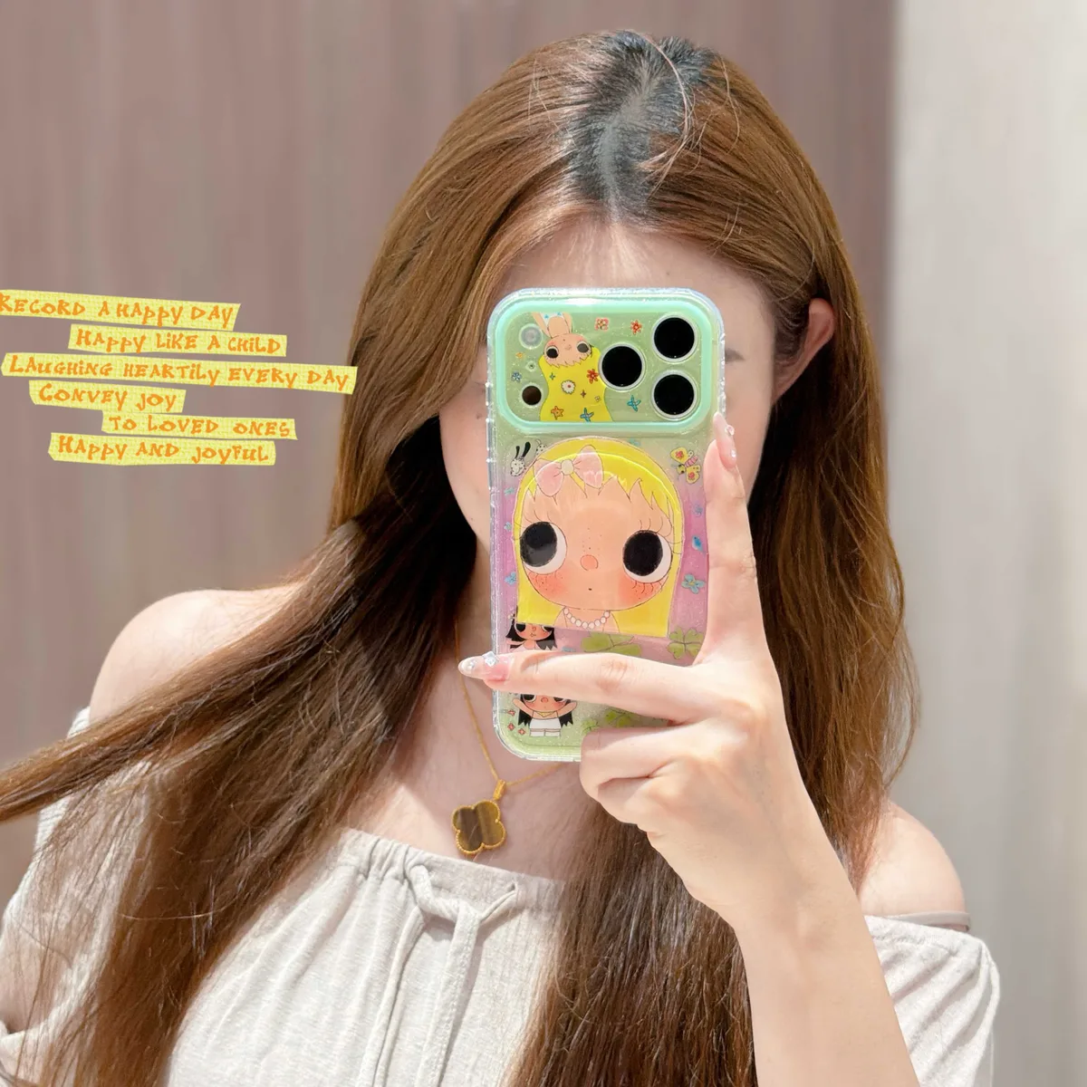 Cute glitter phone case with doll art and beaded charm strap for iPhone 17 16 15 Pro Max