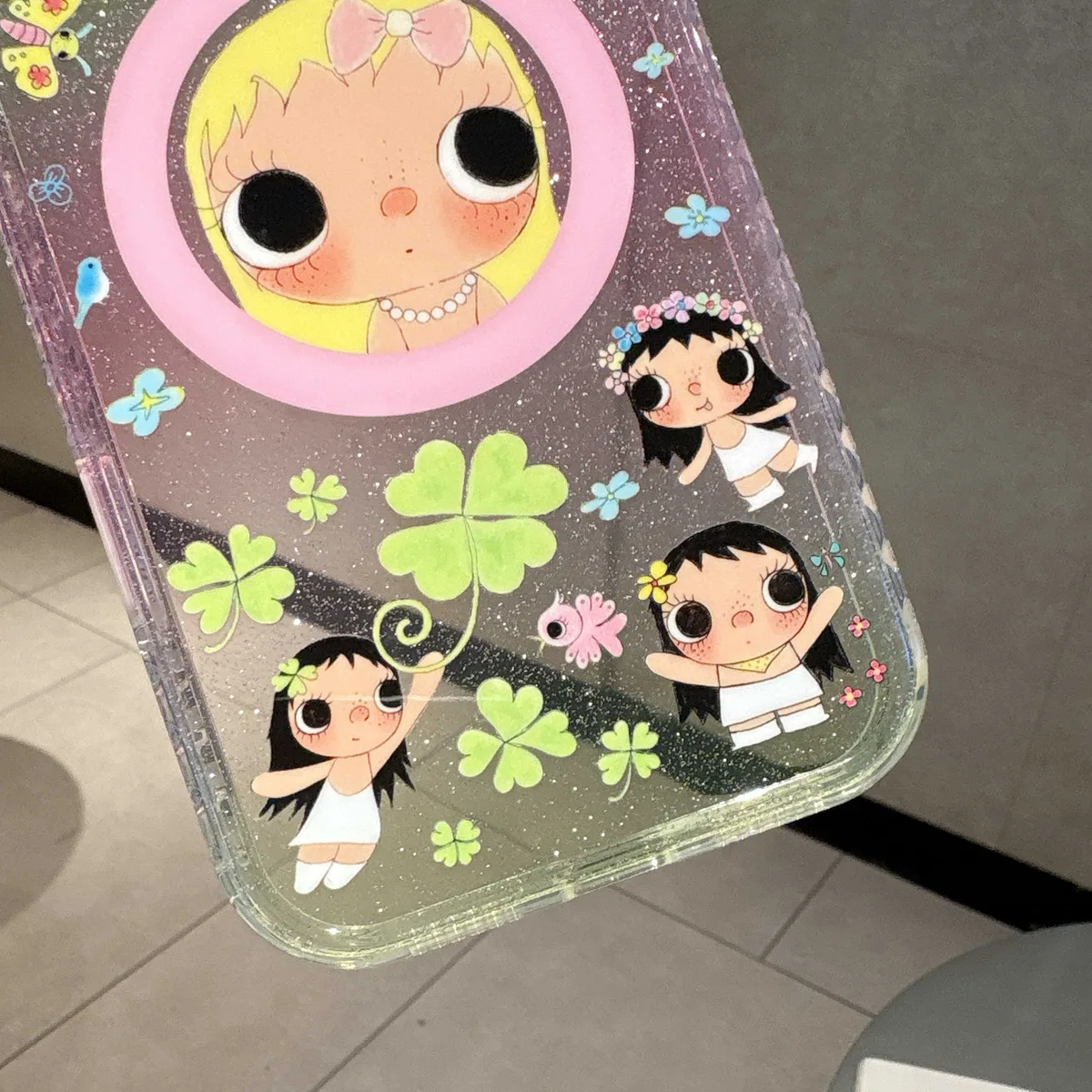 Cute glitter phone case with doll art and beaded charm strap for iPhone 17 16 15 Pro Max