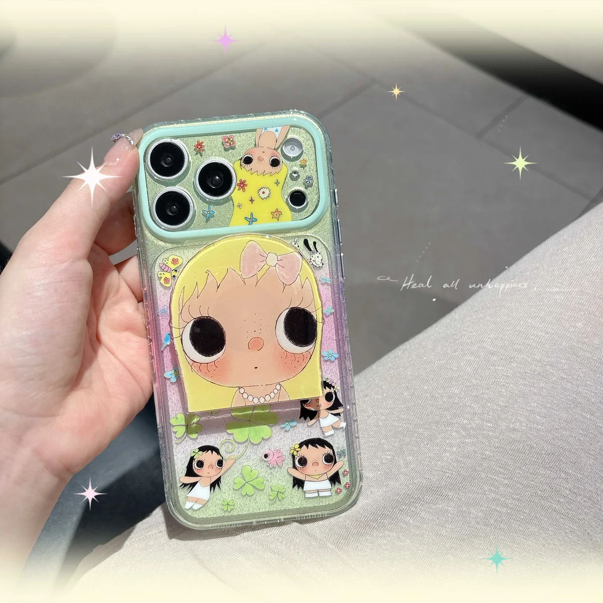 Cute glitter phone case with doll art and beaded charm strap for iPhone 17 16 15 Pro Max