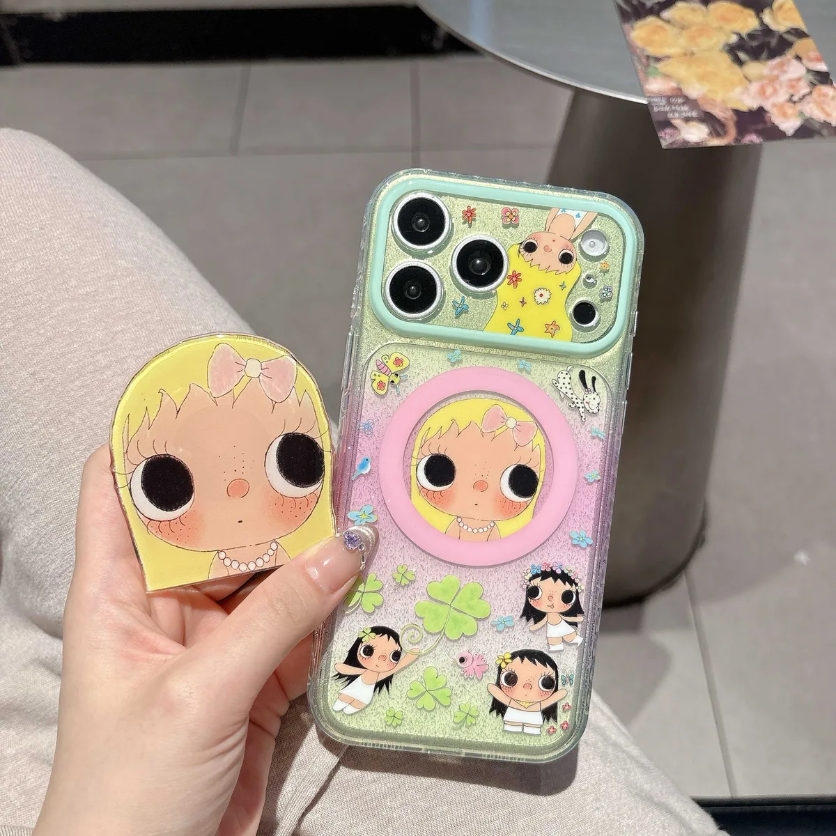 Cute glitter phone case with doll art and beaded charm strap for iPhone 17 16 15 Pro Max