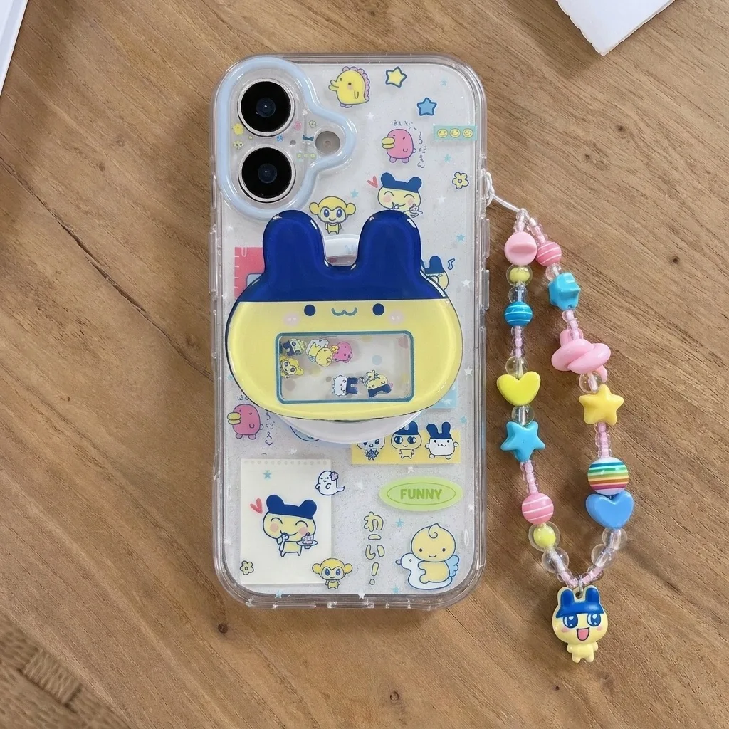 Clear phone case with Tamagotchi print, bunny pop grip, and pastel beaded charm