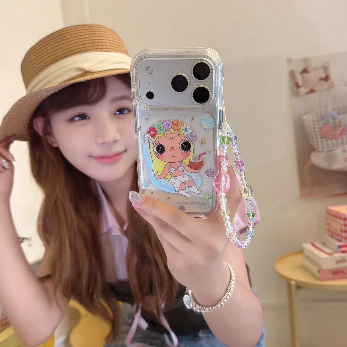 Cute transparent flower girl phone case with beaded charm strap for iPhone 17 16 15 Pro Max