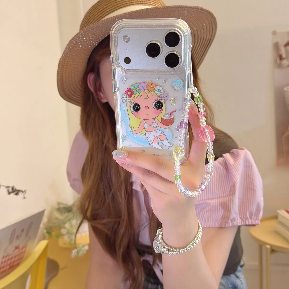 Cute transparent flower girl phone case with beaded charm strap for iPhone 17 16 15 Pro Max
