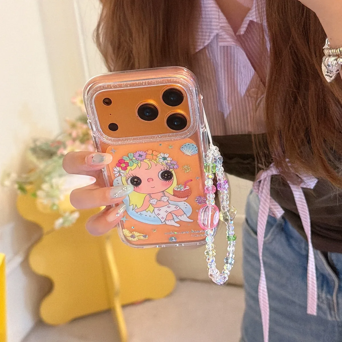 Cute transparent flower girl phone case with beaded charm strap for iPhone 17 16 15 Pro Max