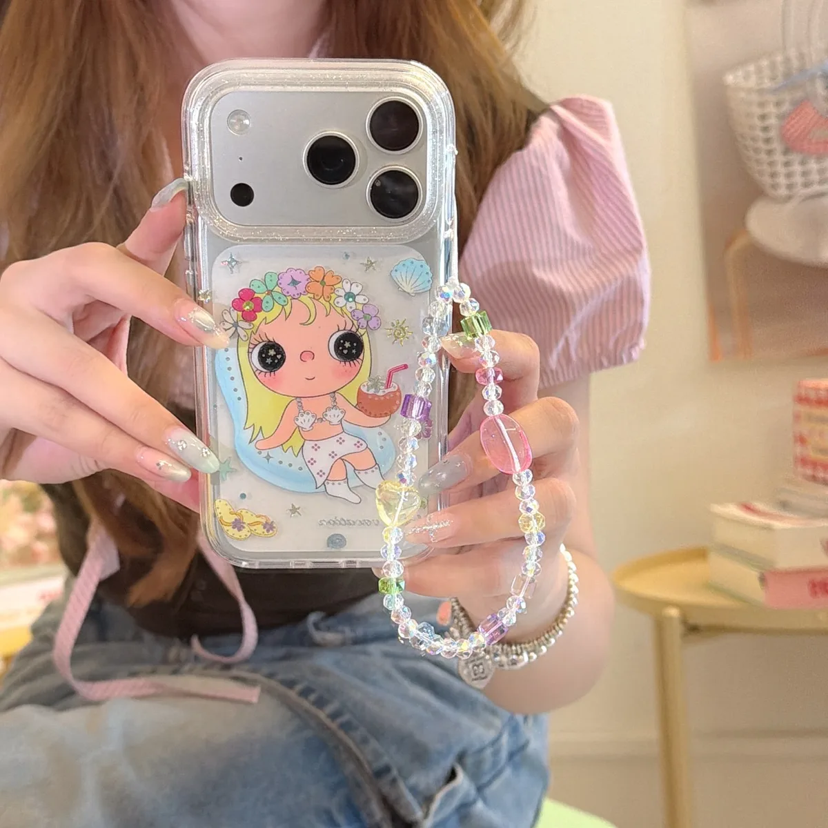 Cute transparent flower girl phone case with beaded charm strap for iPhone 17 16 15 Pro Max
