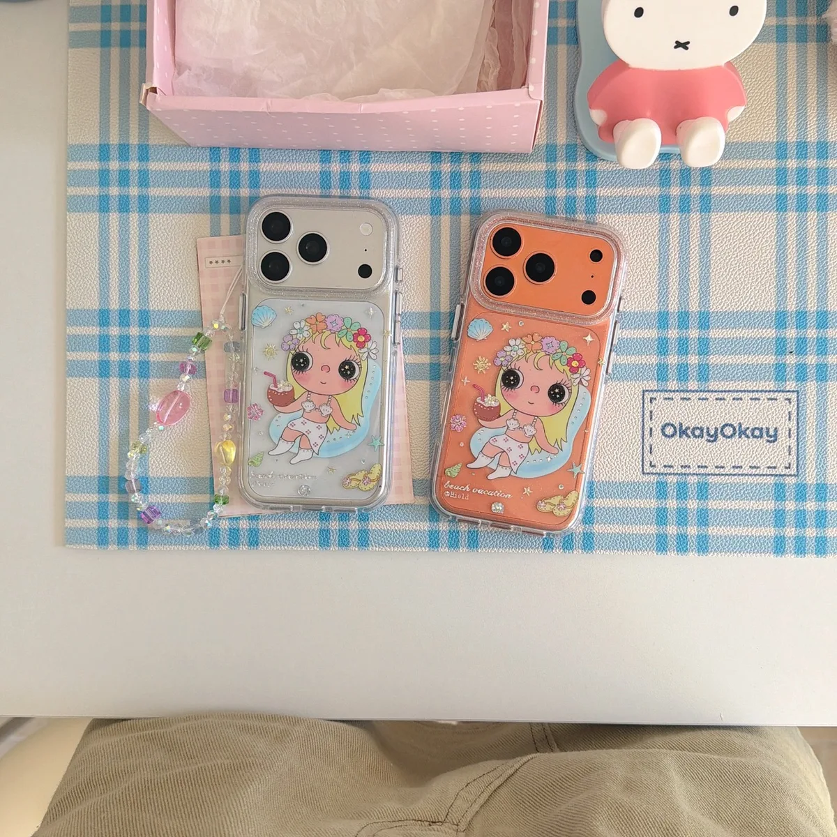 Cute transparent flower girl phone case with beaded charm strap for iPhone 17 16 15 Pro Max