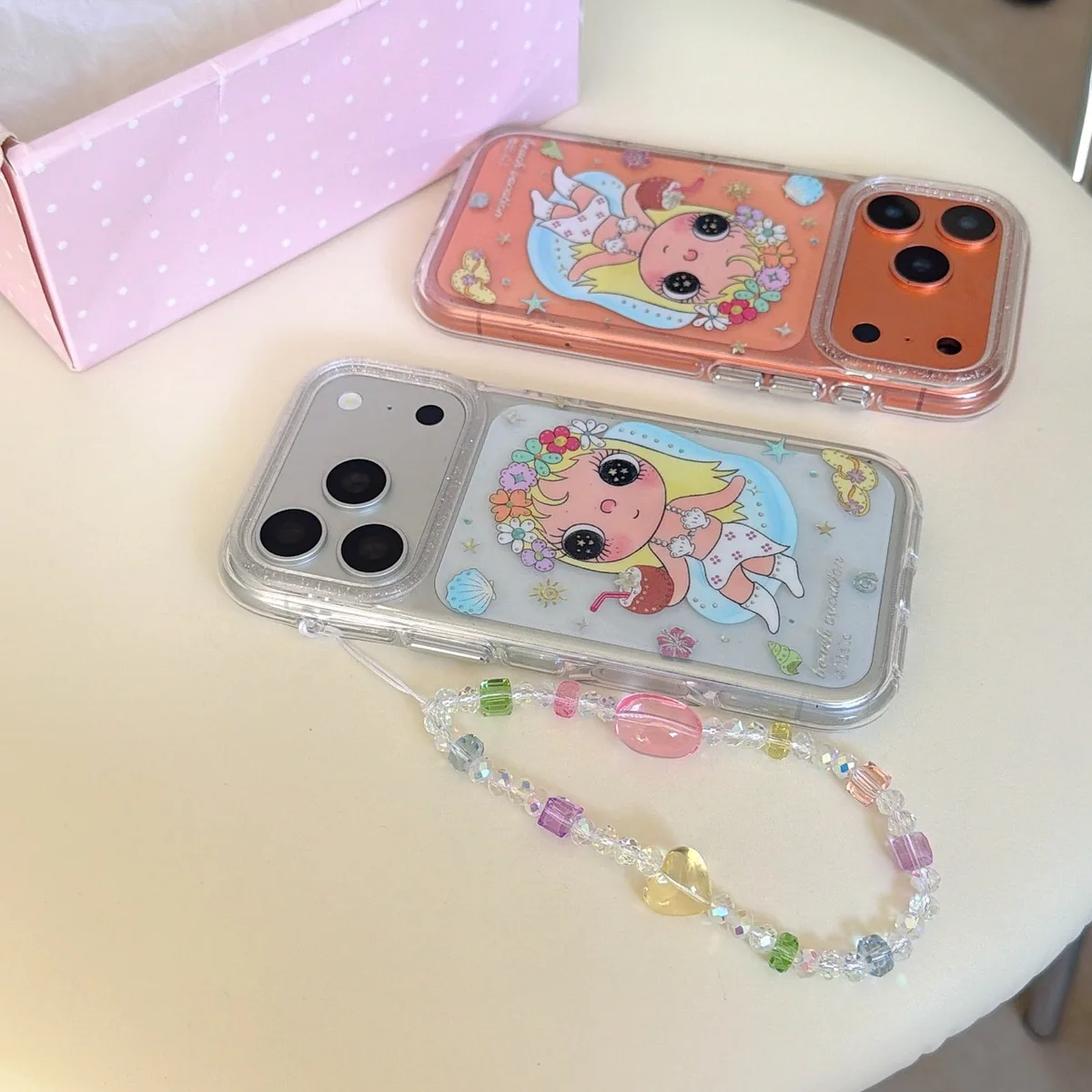 Cute transparent flower girl phone case with beaded charm strap for iPhone 17 16 15 Pro Max