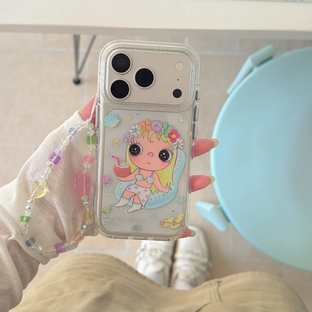 Cute transparent flower girl phone case with beaded charm strap for iPhone 17 16 15 Pro Max