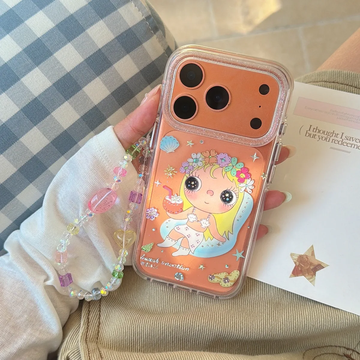Cute transparent flower girl phone case with beaded charm strap for iPhone 17 16 15 Pro Max