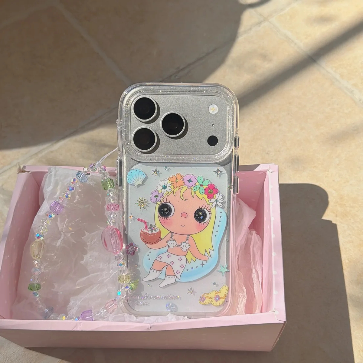 Cute transparent flower girl phone case with beaded charm strap for iPhone 17 16 15 Pro Max