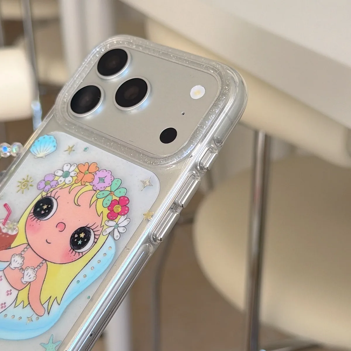 Cute transparent flower girl phone case with beaded charm strap for iPhone 17 16 15 Pro Max
