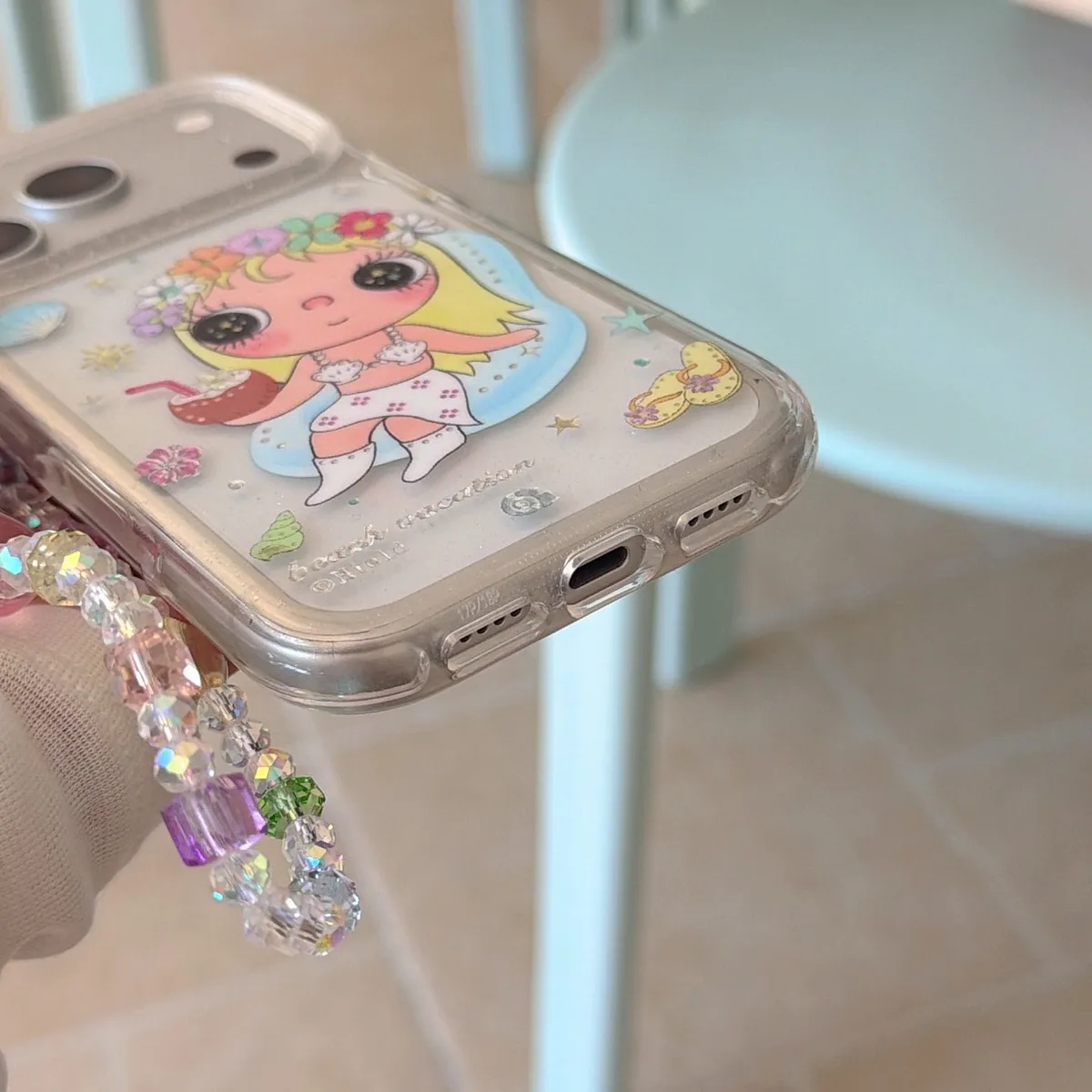 Cute transparent flower girl phone case with beaded charm strap for iPhone 17 16 15 Pro Max