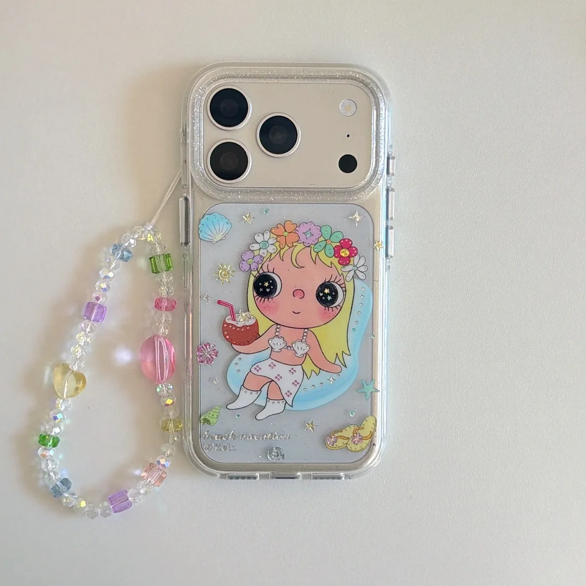 Cute transparent flower girl phone case with beaded charm strap for iPhone 17 16 15 Pro Max