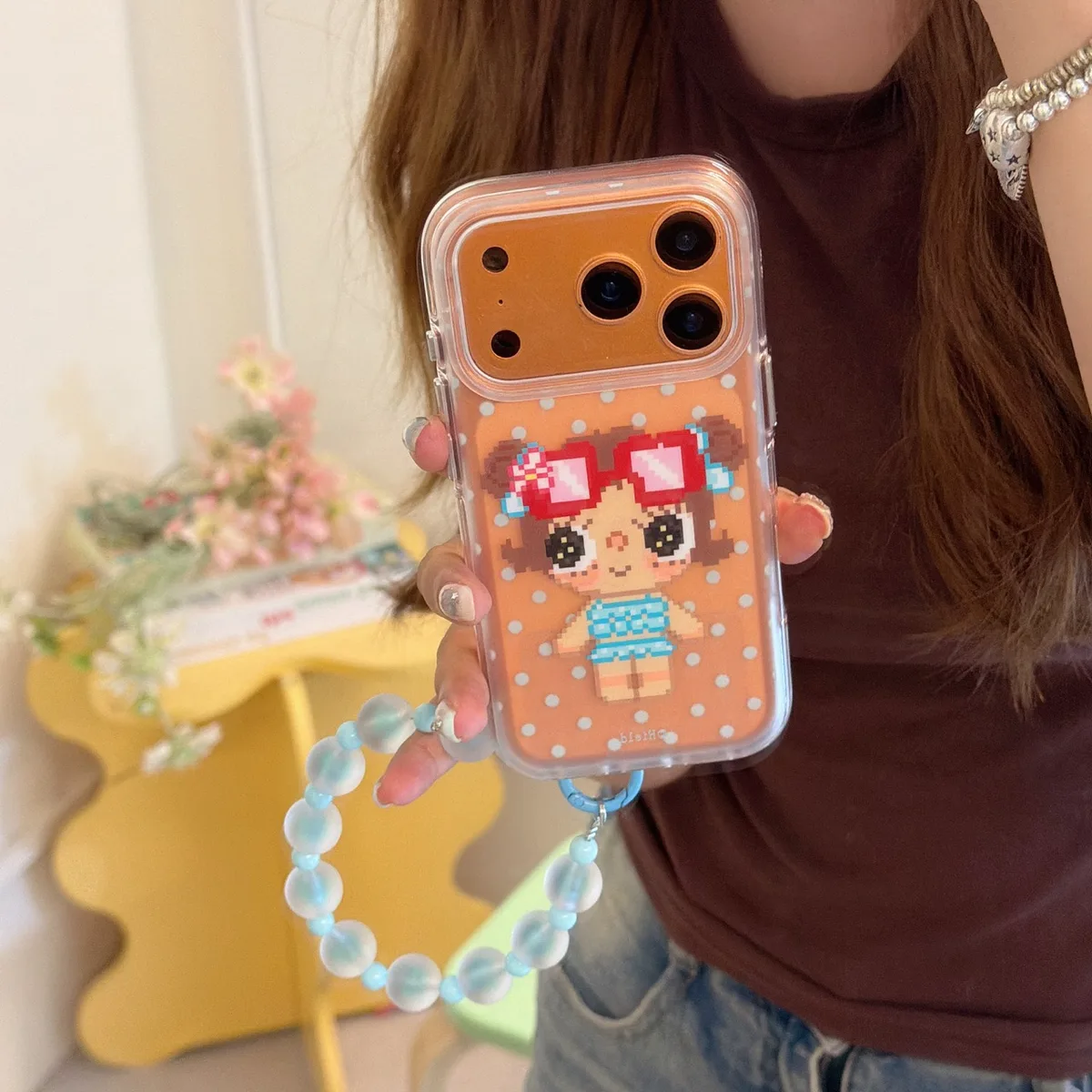 Cute pixel girl clear phone case with beaded wrist strap for iPhone 17 16 15 Pro Max