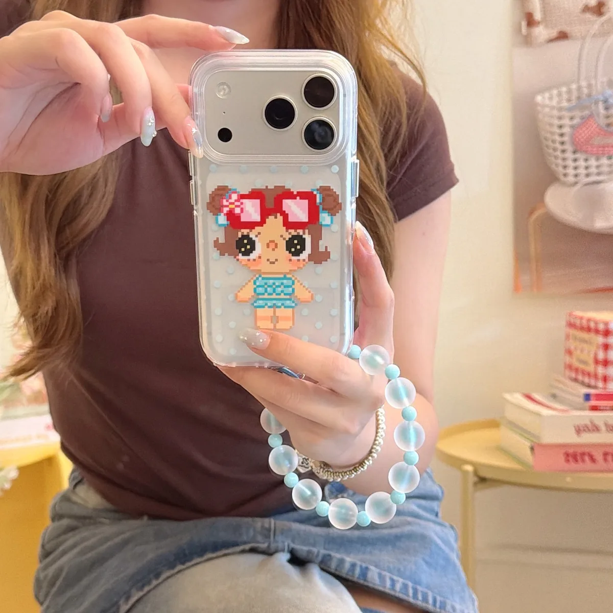 Cute pixel girl clear phone case with beaded wrist strap for iPhone 17 16 15 Pro Max