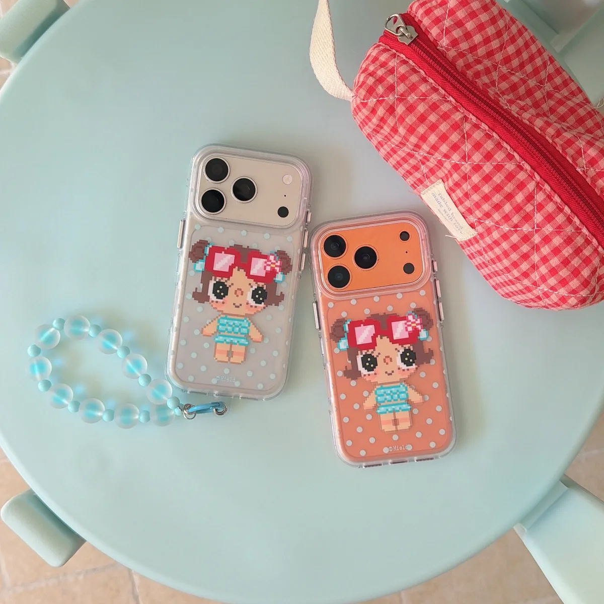 Cute pixel girl clear phone case with beaded wrist strap for iPhone 17 16 15 Pro Max
