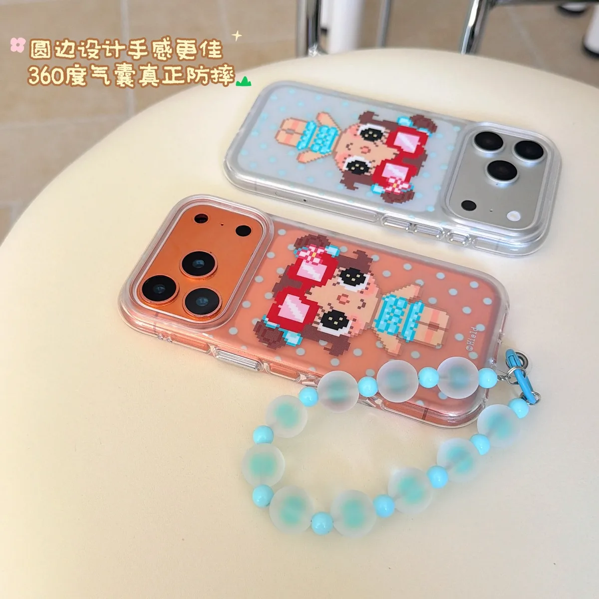 Cute pixel girl clear phone case with beaded wrist strap for iPhone 17 16 15 Pro Max