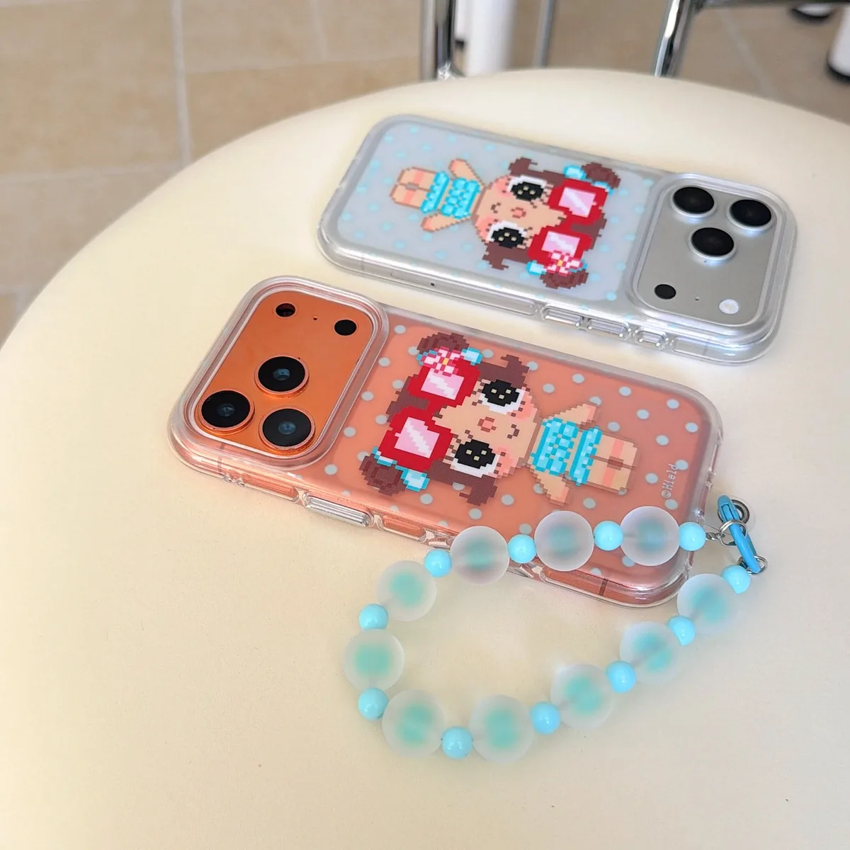 Cute pixel girl clear phone case with beaded wrist strap for iPhone 17 16 15 Pro Max