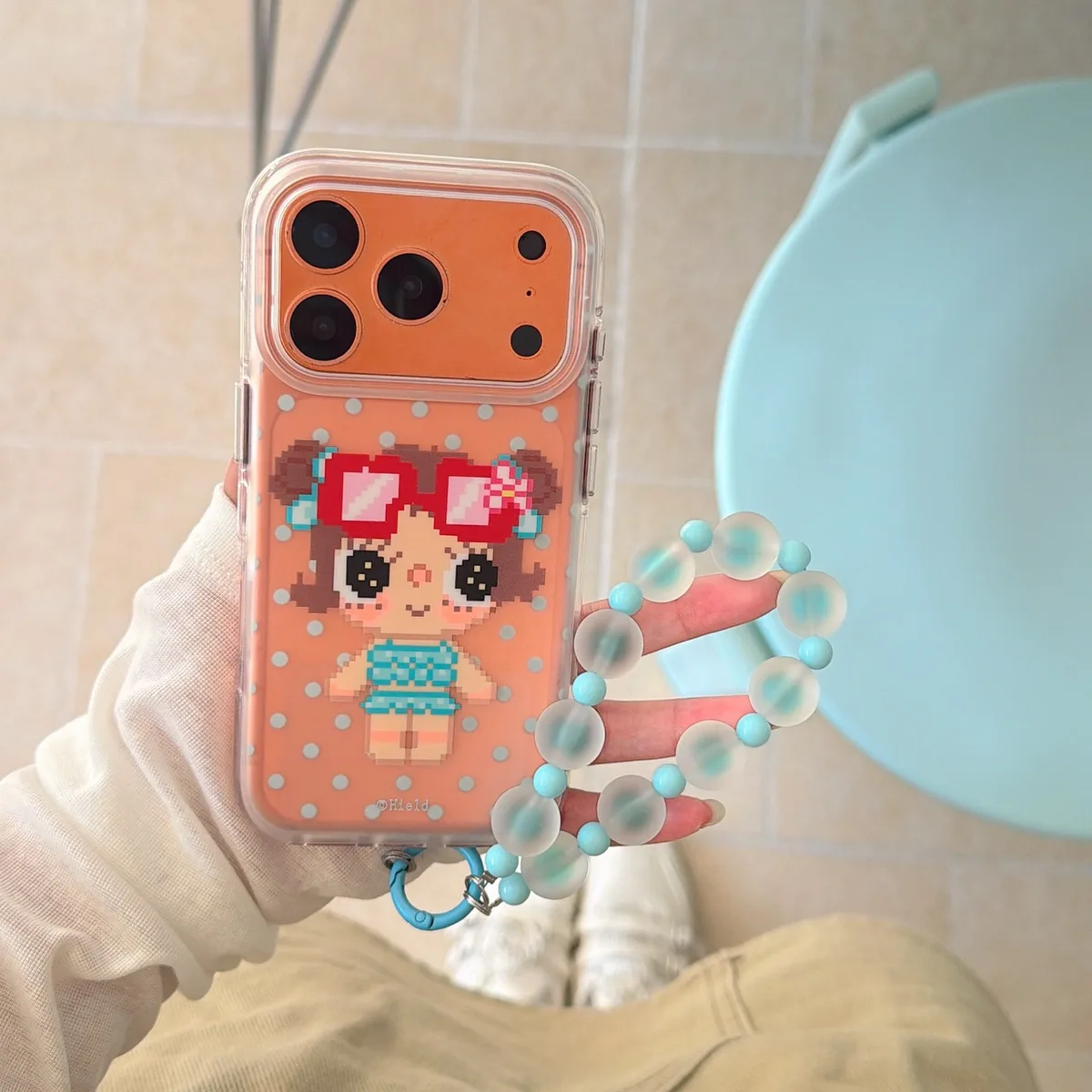 Cute pixel girl clear phone case with beaded wrist strap for iPhone 17 16 15 Pro Max