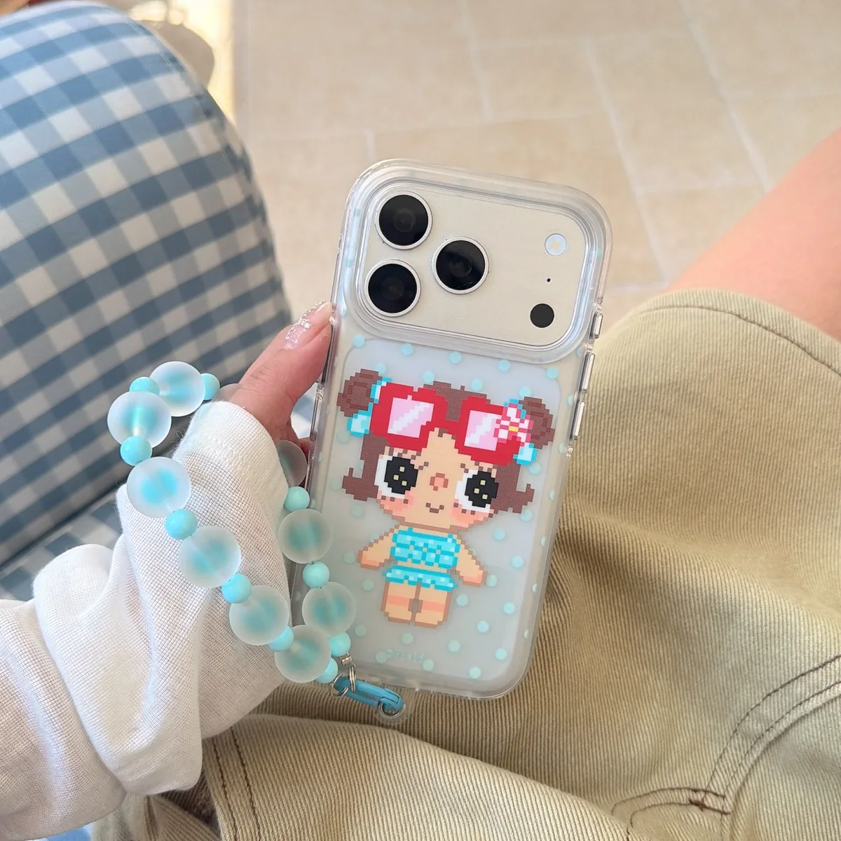 Cute pixel girl clear phone case with beaded wrist strap for iPhone 17 16 15 Pro Max