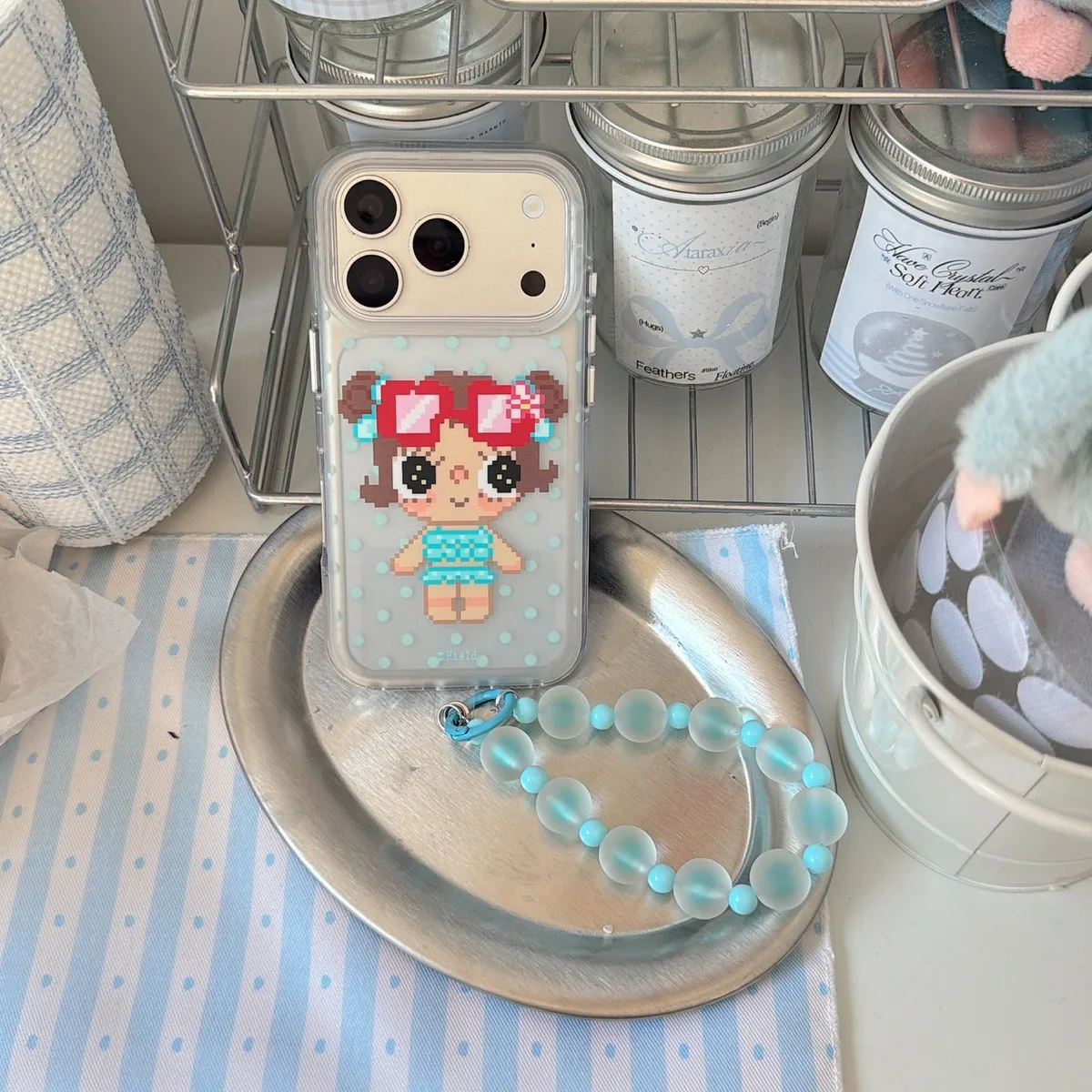 Cute pixel girl clear phone case with beaded wrist strap for iPhone 17 16 15 Pro Max