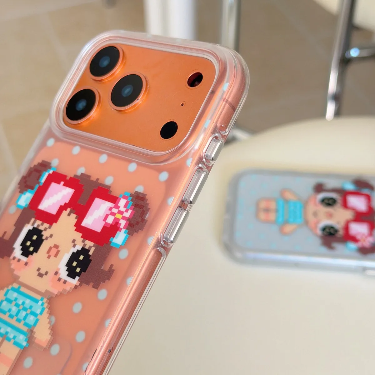 Cute pixel girl clear phone case with beaded wrist strap for iPhone 17 16 15 Pro Max