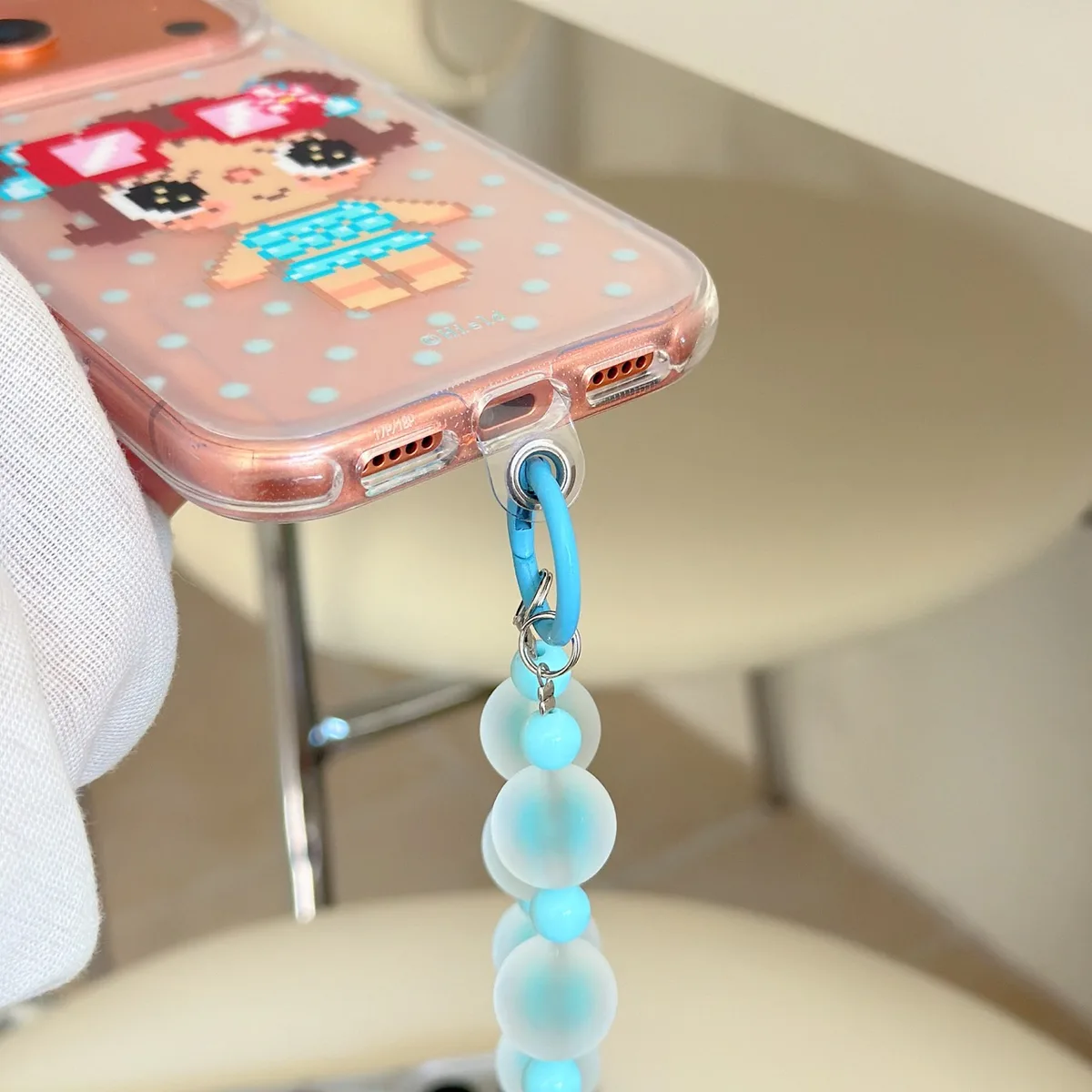 Cute pixel girl clear phone case with beaded wrist strap for iPhone 17 16 15 Pro Max