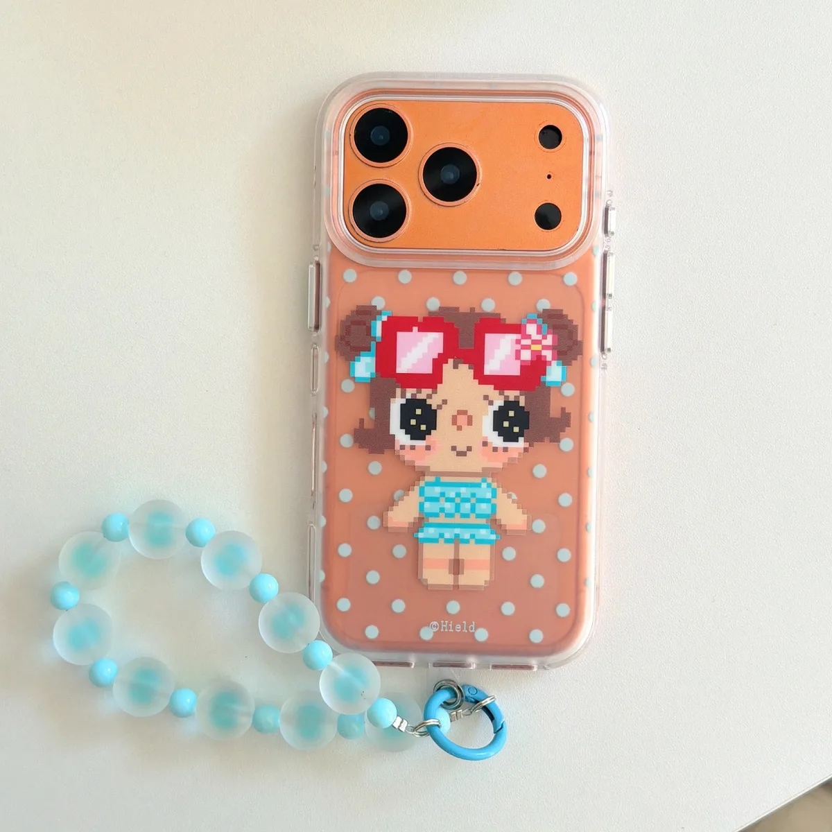 Cute pixel girl clear phone case with beaded wrist strap for iPhone 17 16 15 Pro Max