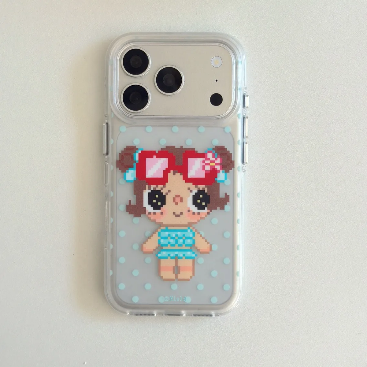 Cute pixel girl clear phone case with beaded wrist strap for iPhone 17 16 15 Pro Max